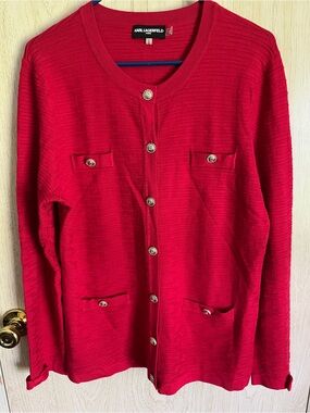 Karl Lagerfeld Paris Classic Red Textured Cardigan Gold Buttons Large